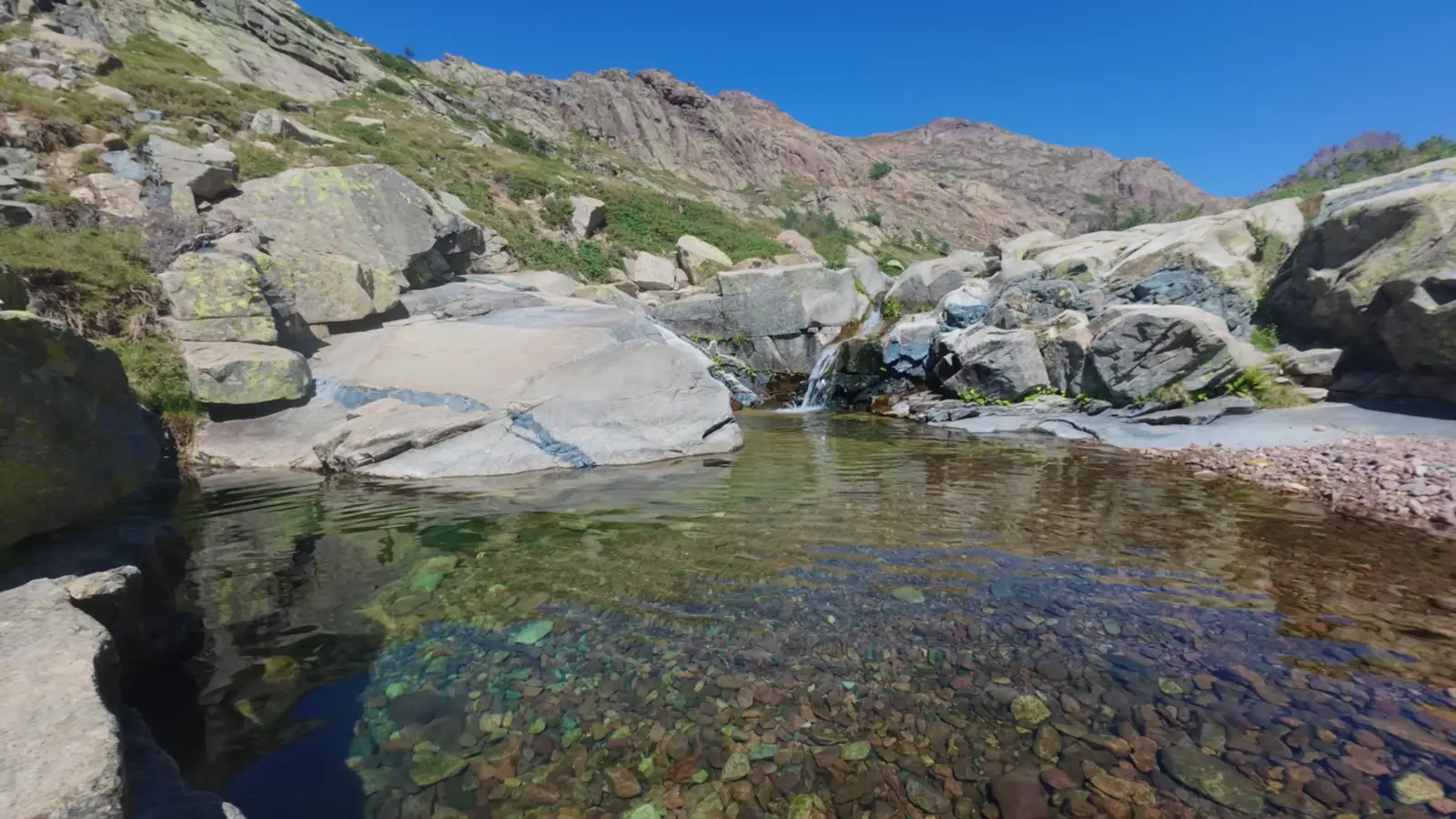 Vasque d'eau cristalline et cascade du Golo sous le refuge de Ciottulu di i Mori