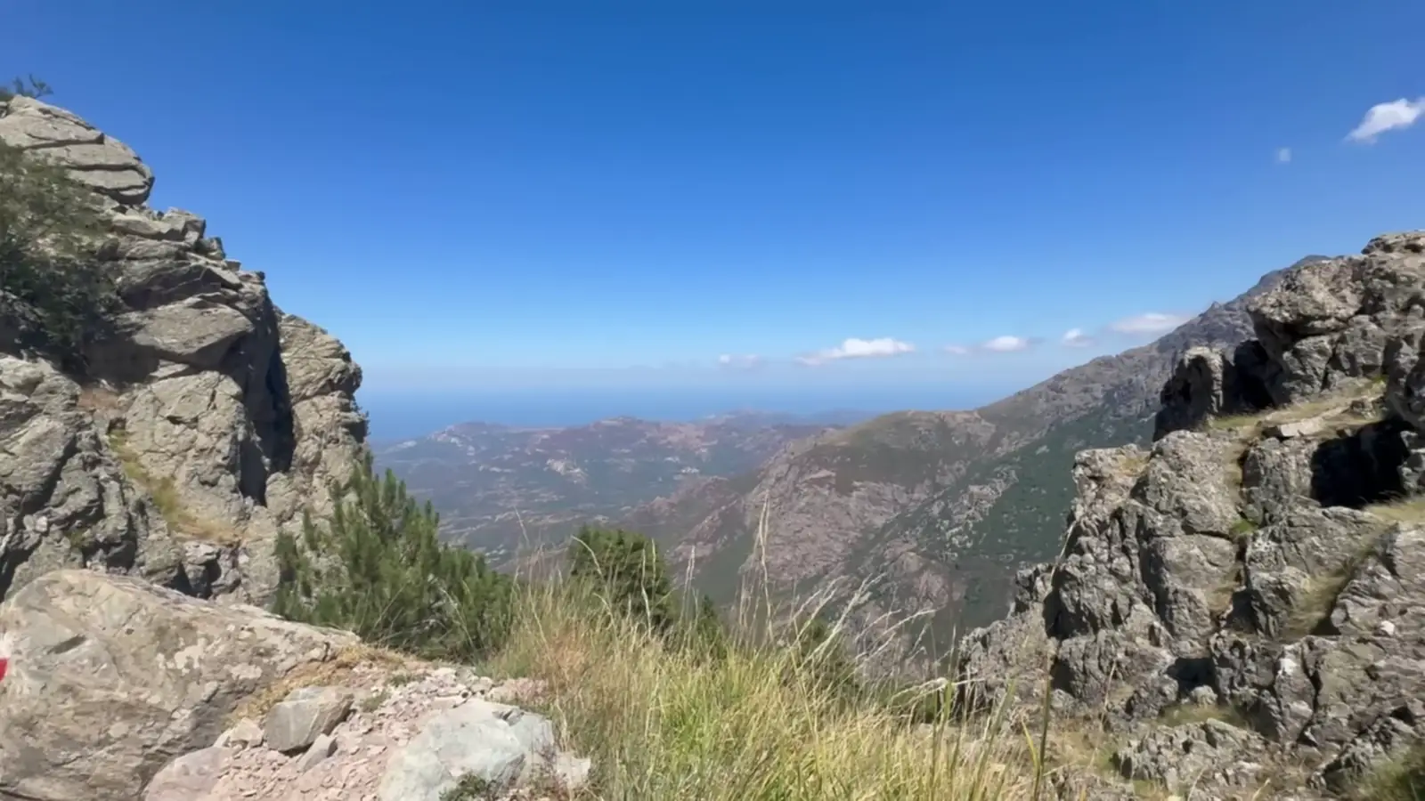 Promontoire rocheux, herbes dorées et mer à l'horizon sur les hauteurs d'Ortu di u Piobbu